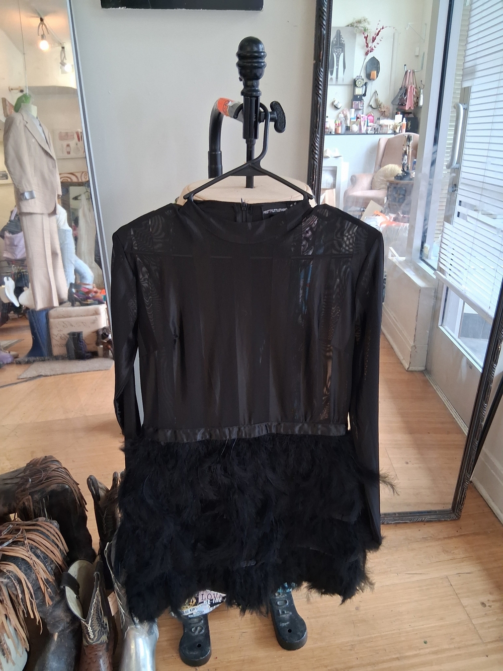 Black Sheer Long-Sleeve Top with Feathered Hem
